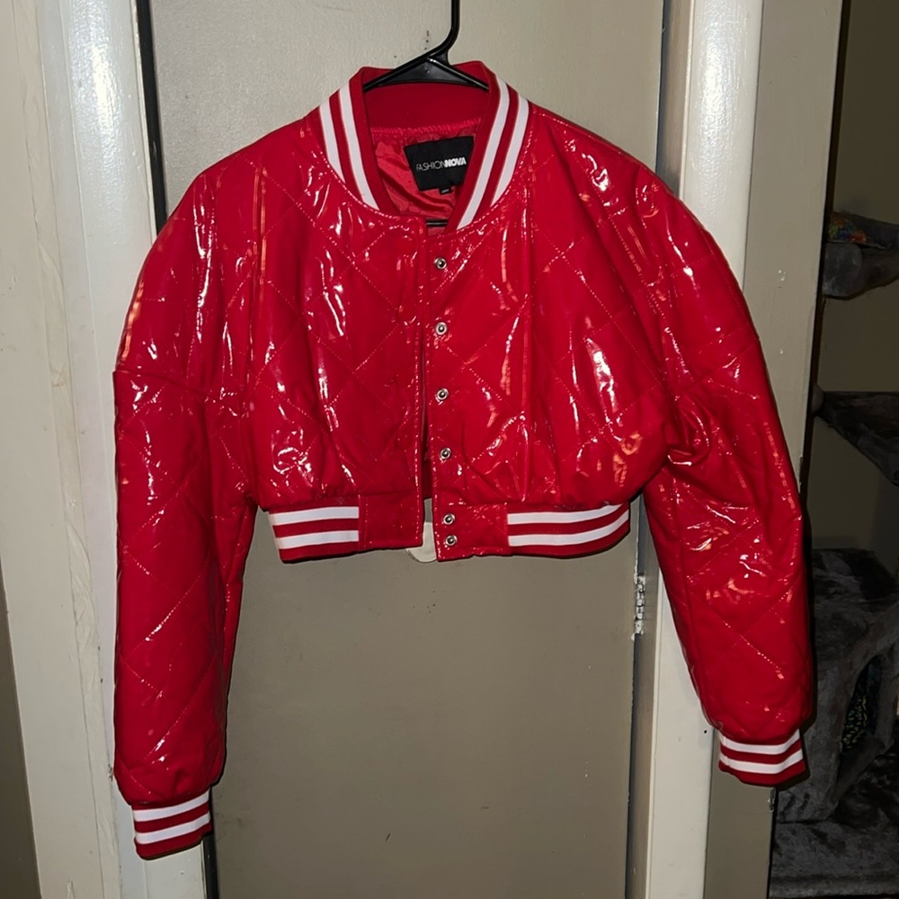 Red shiny crop jacket size medium